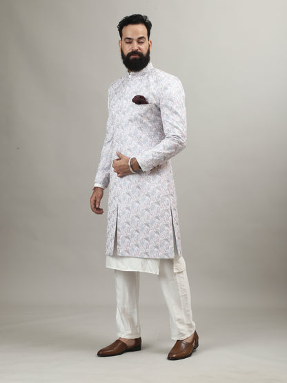 Light Blue Pastel Achkan with Handcrafted Heritage Detailing