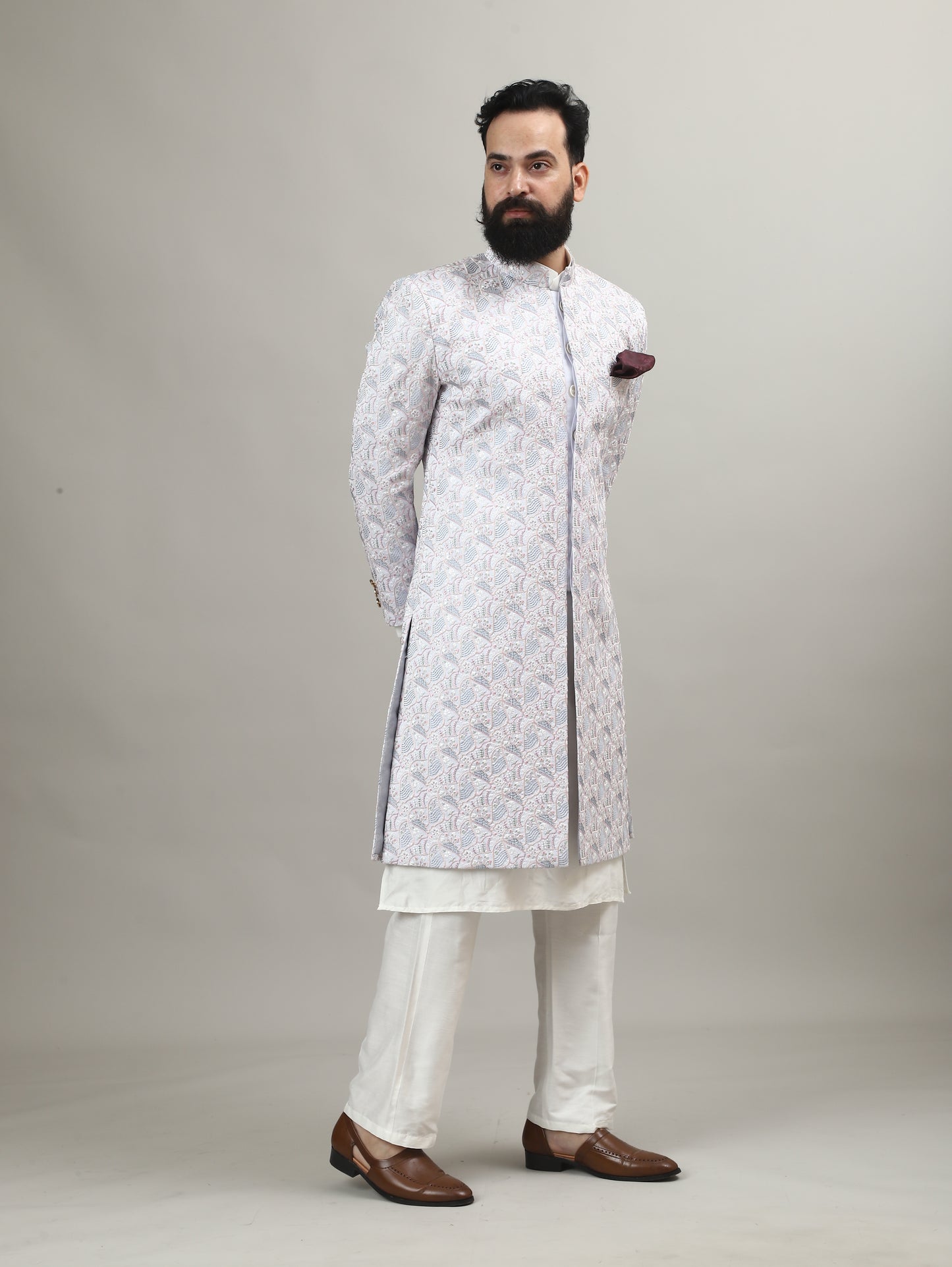 Light Blue Pastel Achkan with Handcrafted Heritage Detailing