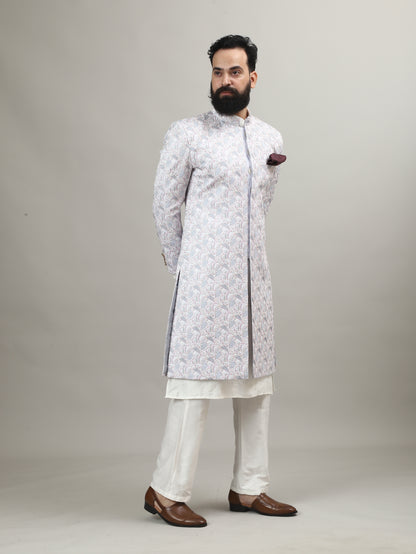 Light Blue Pastel Achkan with Handcrafted Heritage Detailing