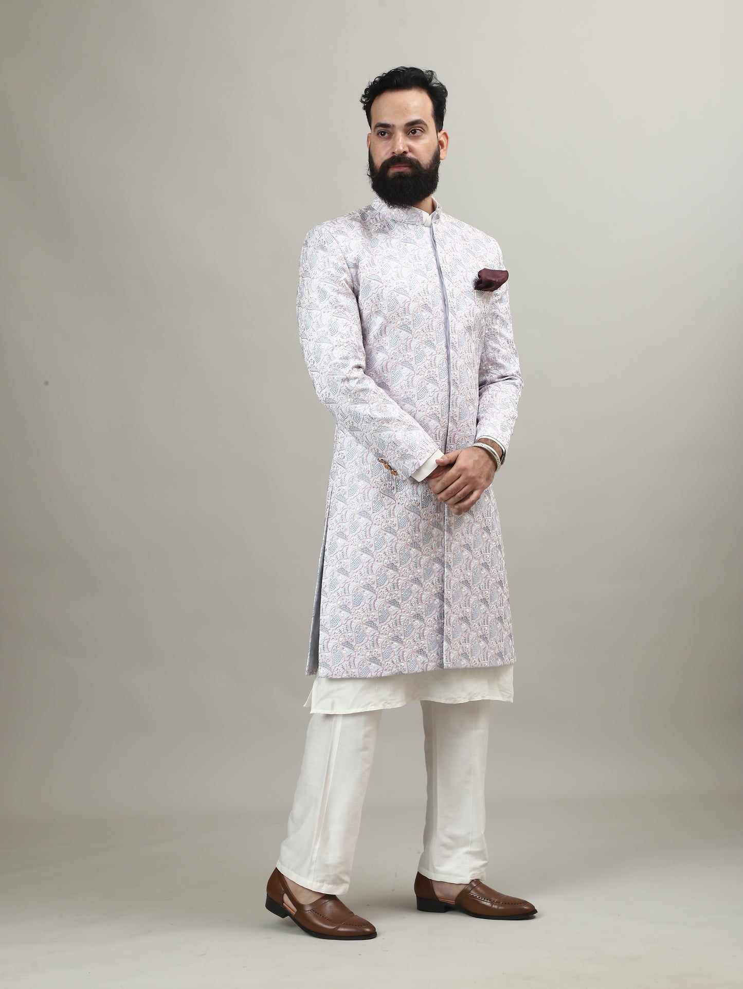 Light Blue Pastel Achkan with Handcrafted Heritage Detailing