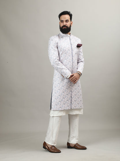 Light Blue Pastel Achkan with Handcrafted Heritage Detailing
