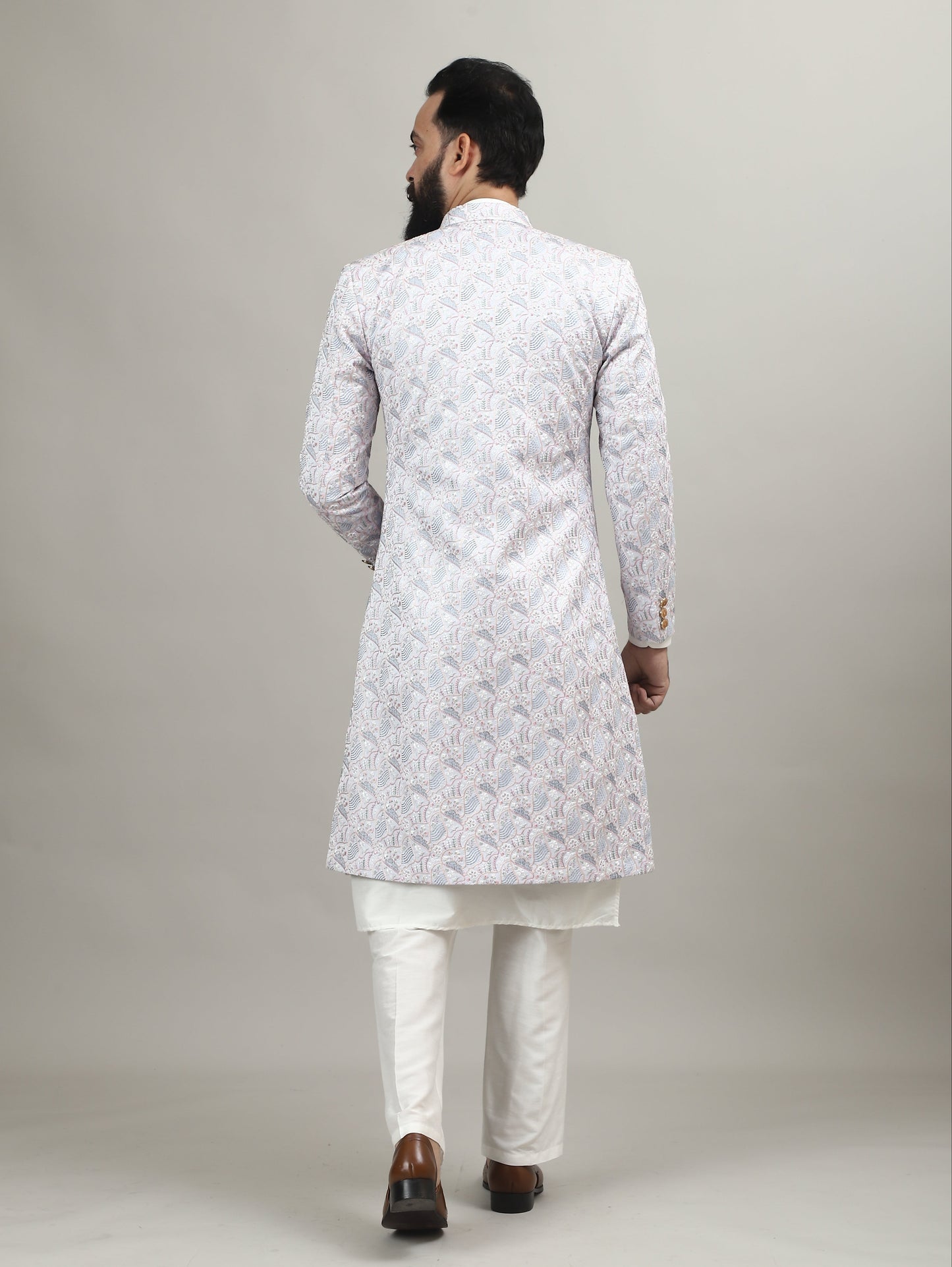 Light Blue Pastel Achkan with Handcrafted Heritage Detailing