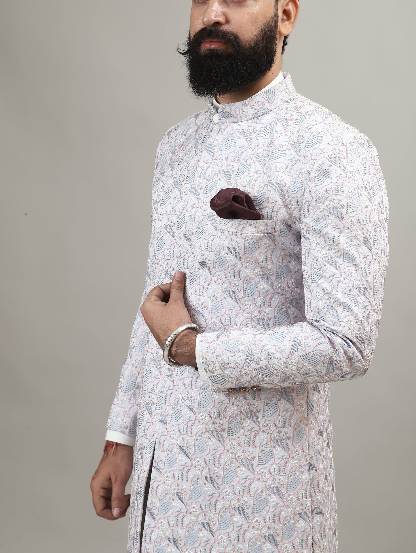 Light Blue Pastel Achkan with Handcrafted Heritage Detailing