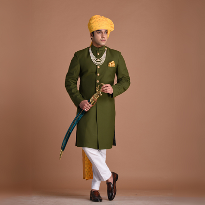 Battle Green Color Maharaja Style Achkan