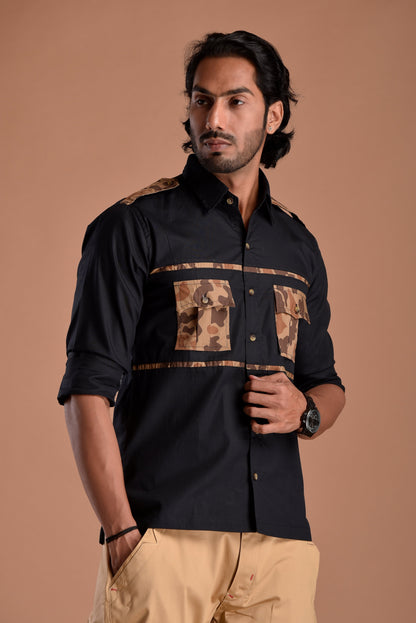 Classic Black Hunting Style Shirt with Camouflage pockets