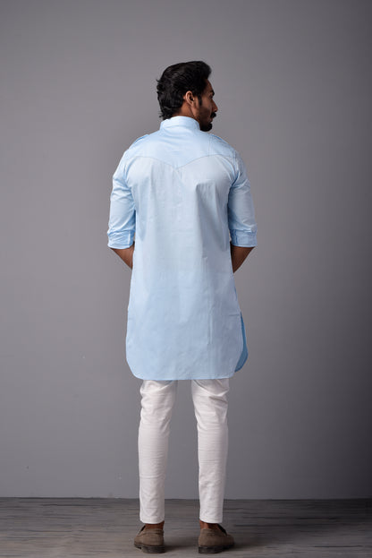 Sky Blue Short Hunting Style Kurta-Pajama set