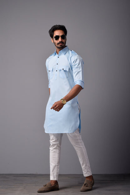 Sky Blue Short Hunting Style Kurta-Pajama set