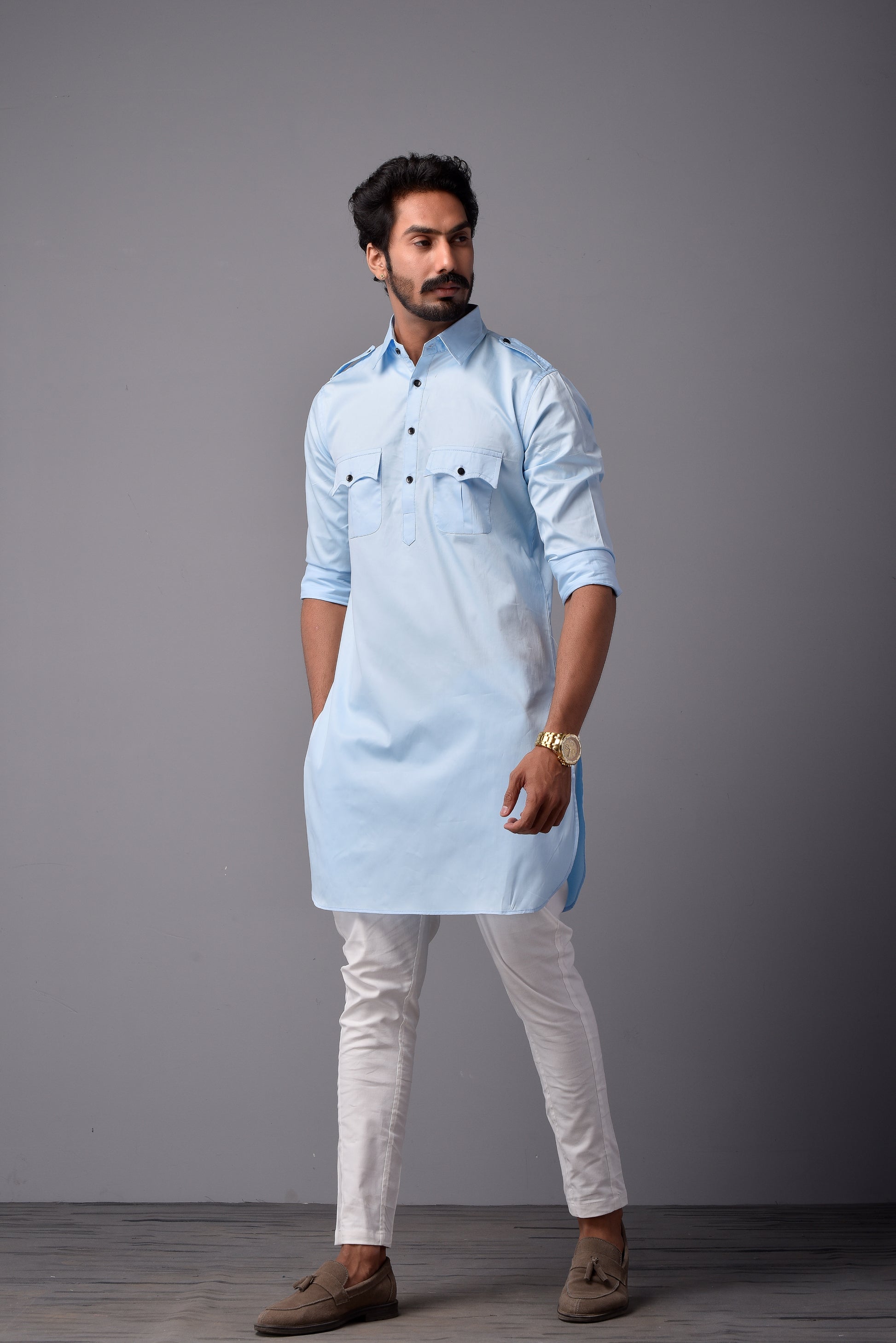 Sky Blue Short Hunting Style Kurta-Pajama set XS