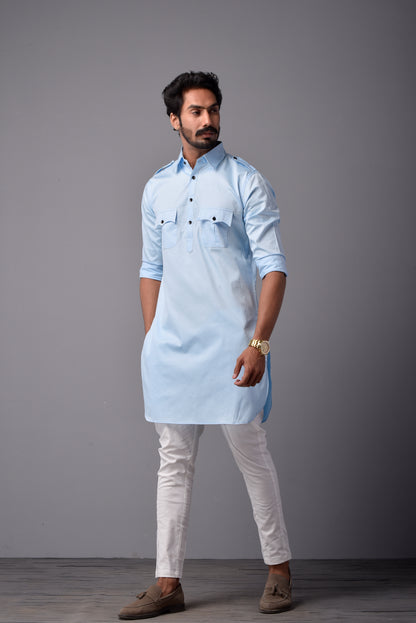 Sky Blue Short Hunting Style Kurta-Pajama set