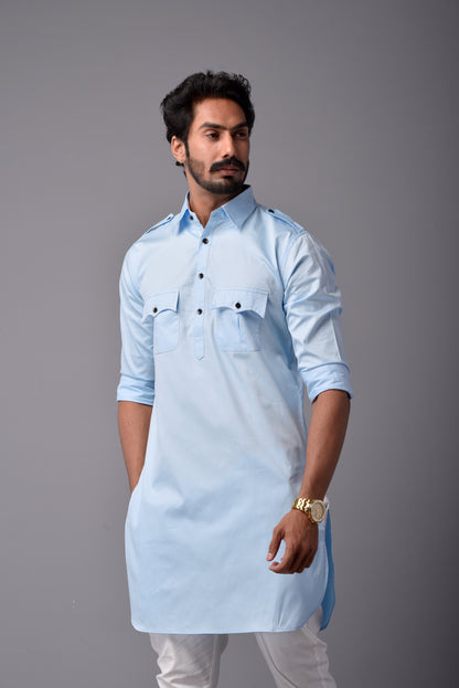 Sky Blue Short Hunting Style Kurta-Pajama set