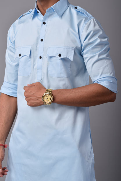 Sky Blue Short Hunting Style Kurta-Pajama set