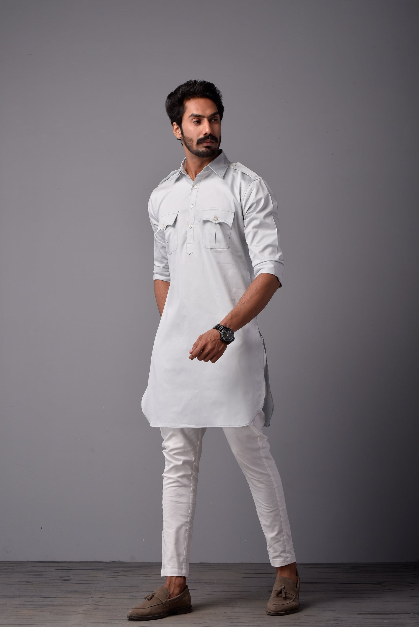 Ice Blue Short Hunting Style Kurta-Pajama Set