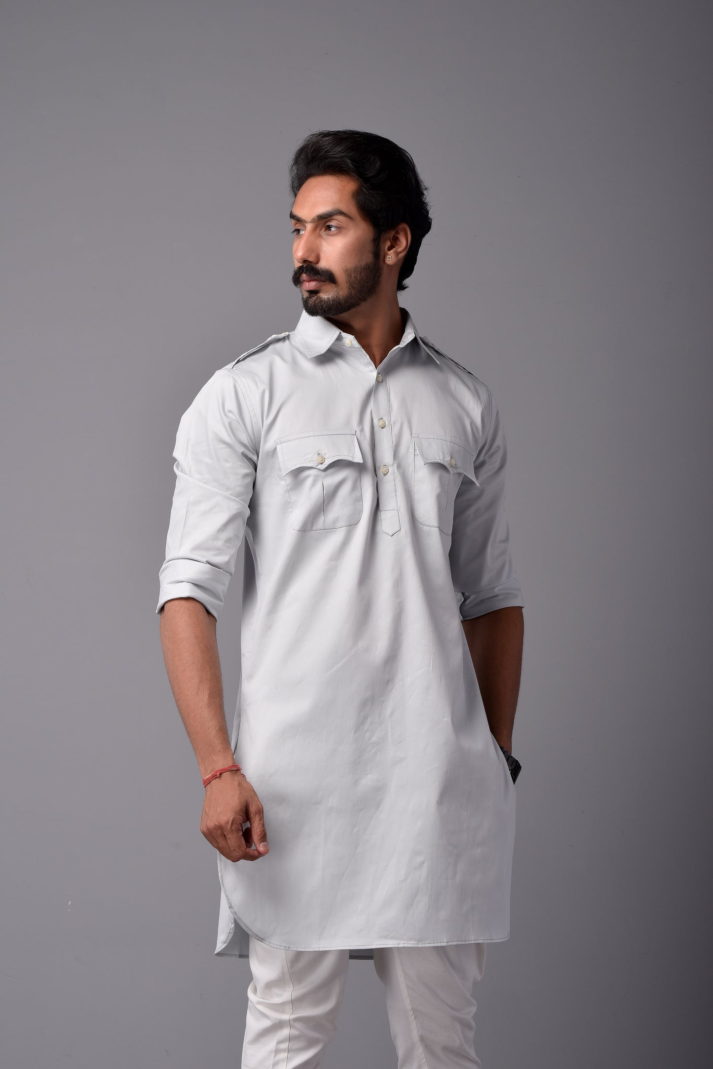 Ice Blue Short Hunting Style Kurta-Pajama Set