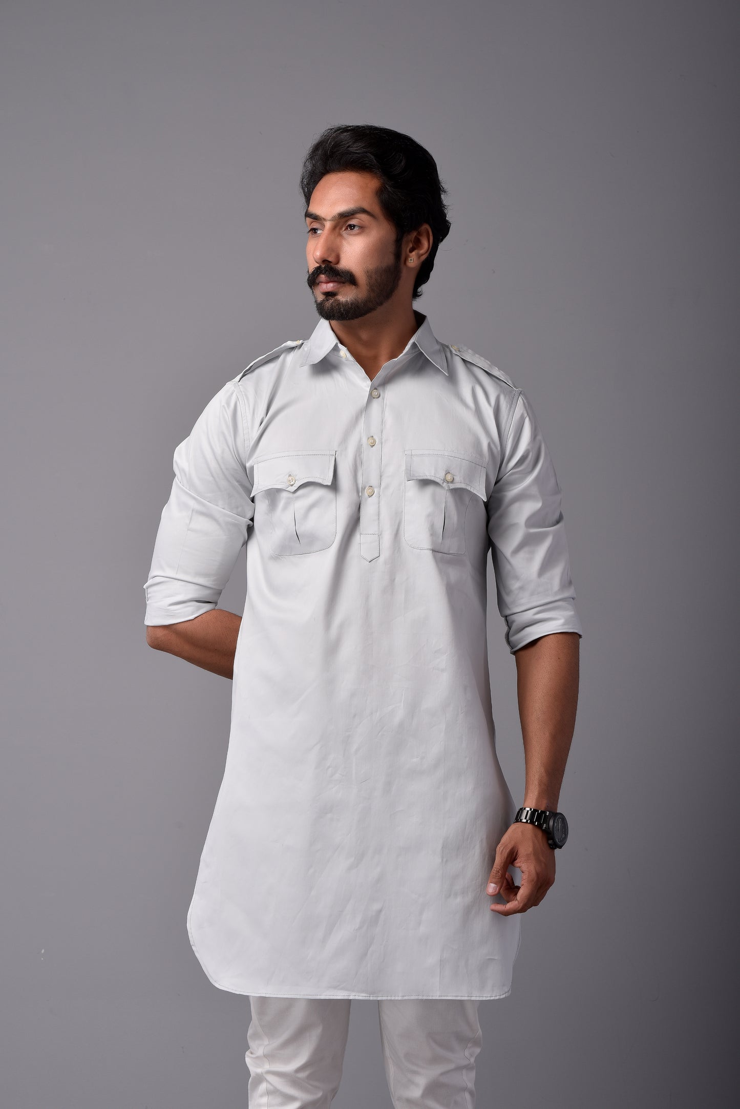 Ice Blue Short Hunting Style Kurta-Pajama Set