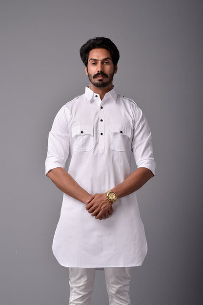 White Short Hunting Style Kurta-Pajama Set