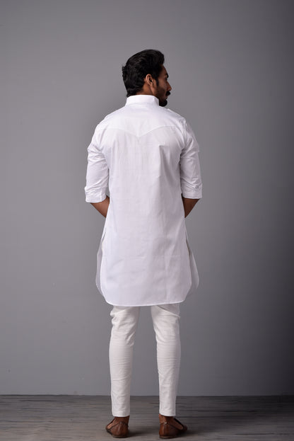 White Short Hunting Style Kurta-Pajama Set