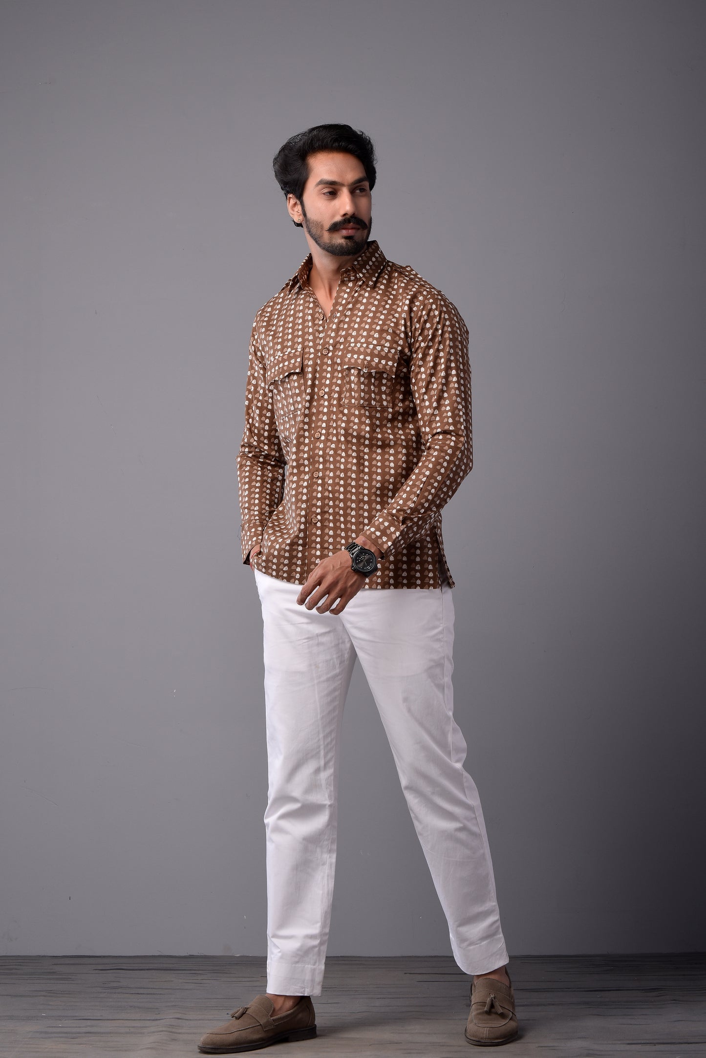 Sanganeri Walnut Brown Hunting Styled Printed Shirt