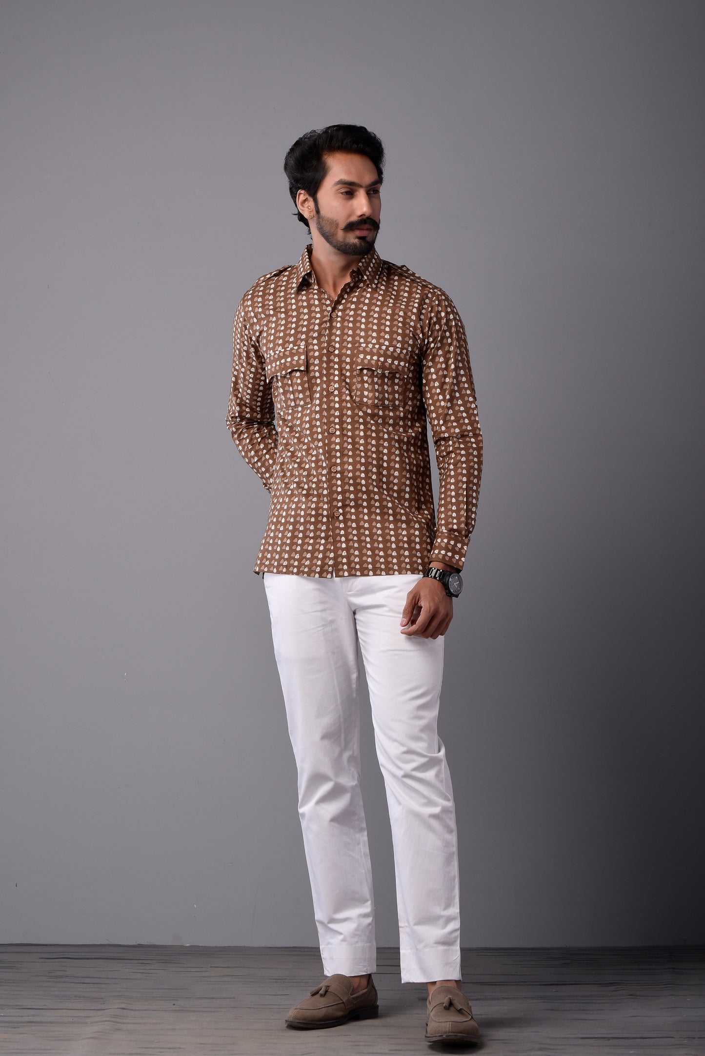 Sanganeri Walnut Brown Hunting Styled Printed Shirt