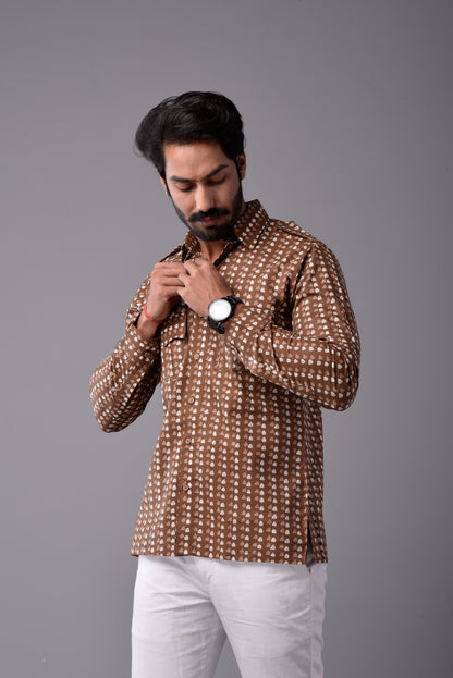 Sanganeri Walnut Brown Hunting Styled Printed Shirt