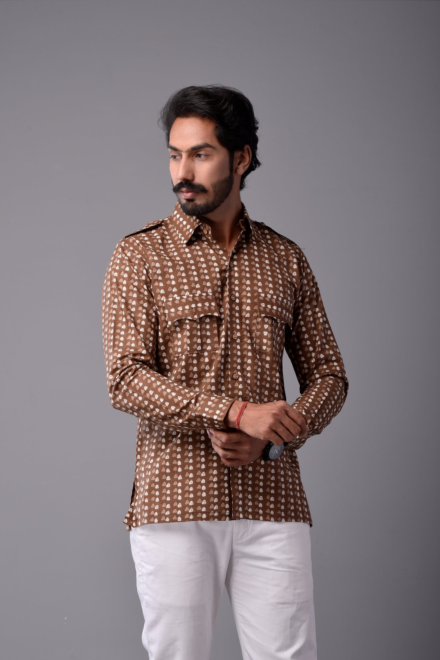 Sanganeri Walnut Brown Hunting Styled Printed Shirt