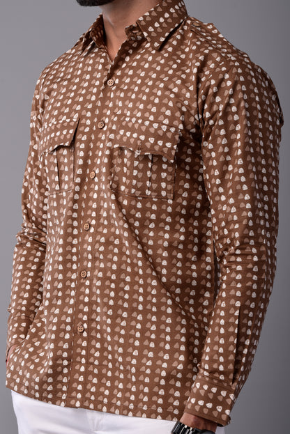 Sanganeri Walnut Brown Hunting Styled Printed Shirt