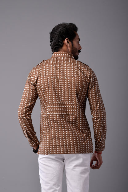 Sanganeri Walnut Brown Hunting Styled Printed Shirt