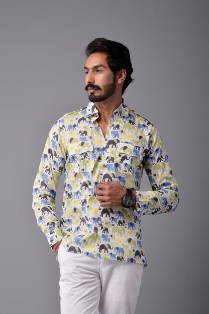 Sanganeri Antique White Hunting Styled Elephant Printed Shirt