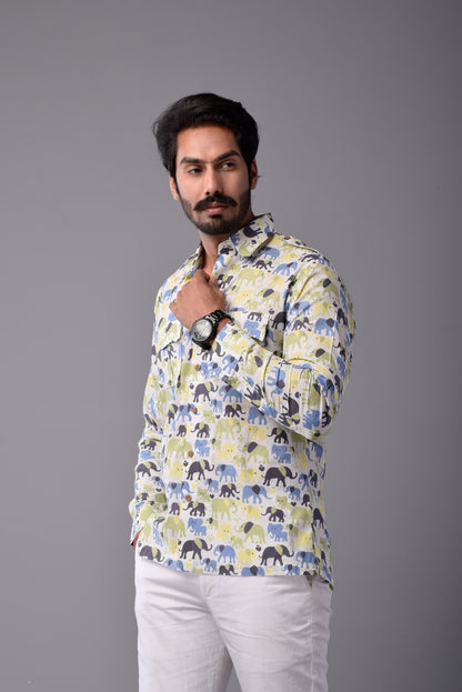 Sanganeri Antique White Hunting Styled Elephant Printed Shirt