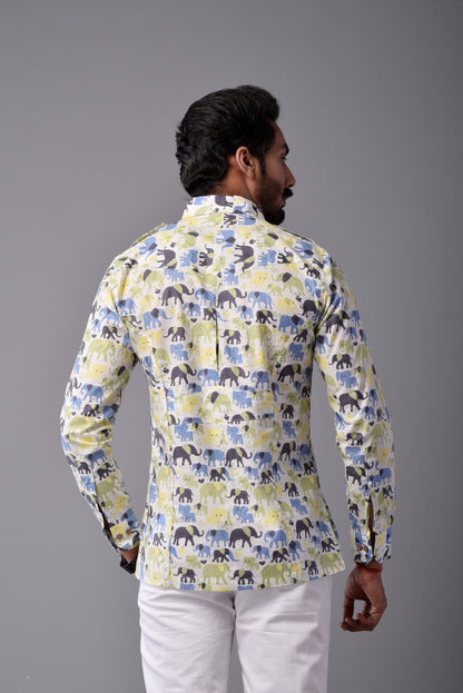 Sanganeri Antique White Hunting Styled Elephant Printed Shirt