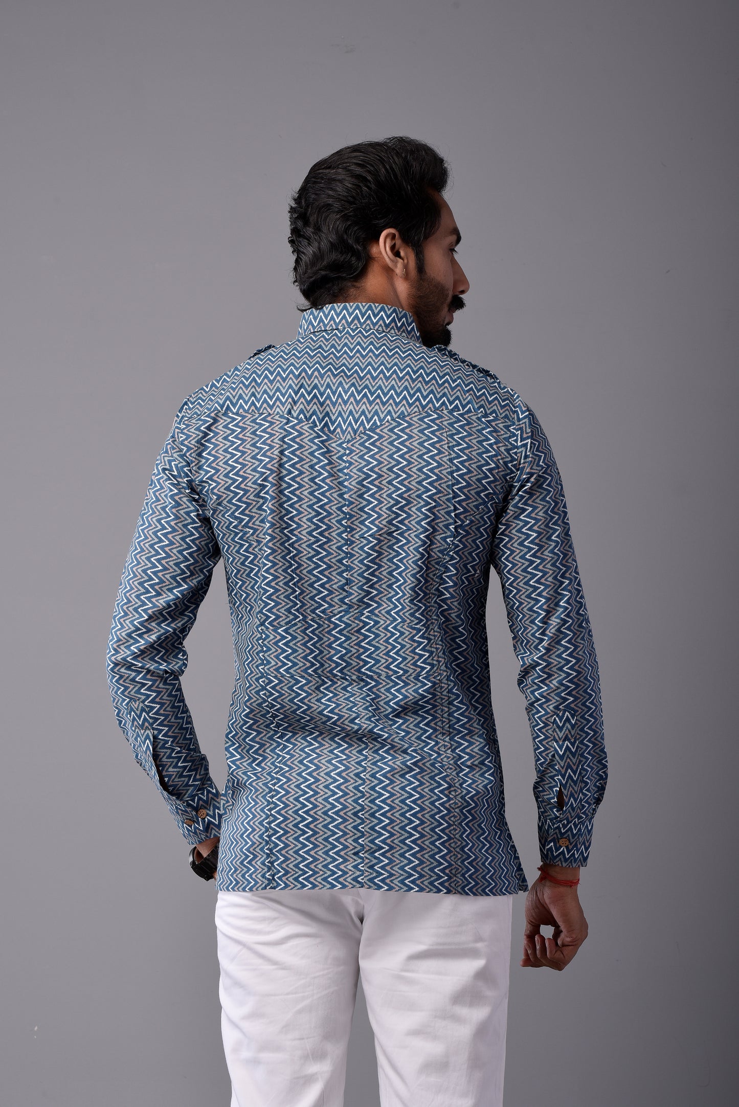 Sanganeri Steel Blue Hunting Styled Printed Shirt