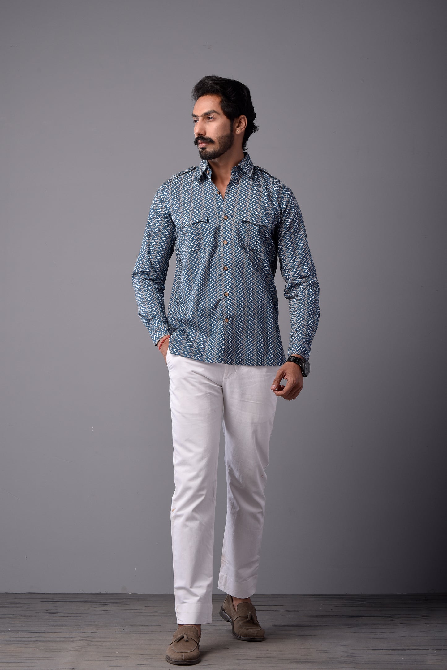 Sanganeri Steel Blue Hunting Styled Printed Shirt
