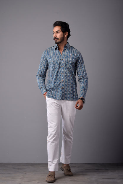 Sanganeri Steel Blue Hunting Styled Printed Shirt