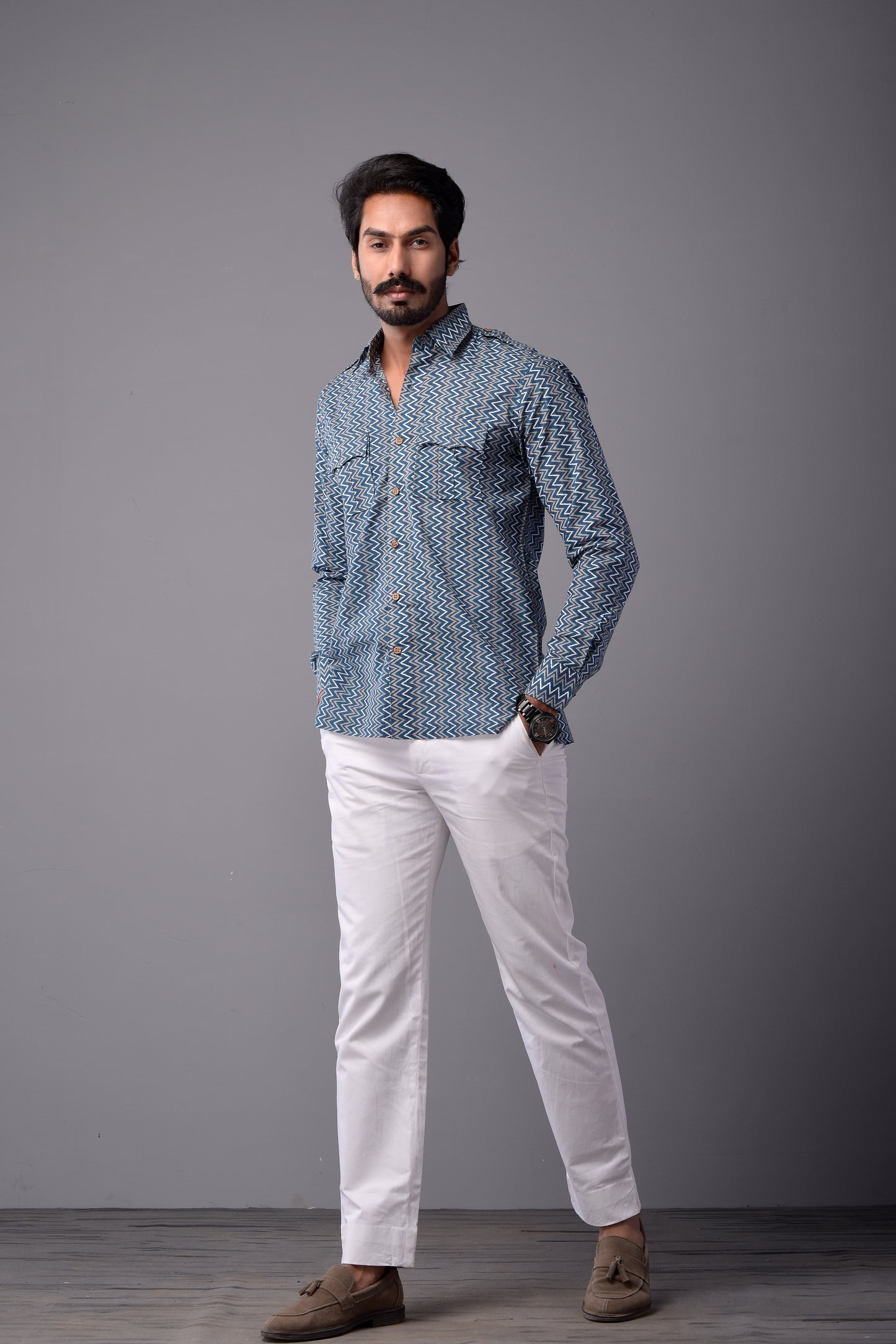 Sanganeri Steel Blue Hunting Styled Printed Shirt