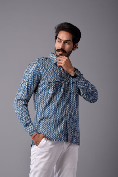 Sanganeri Steel Blue Hunting Styled Printed Shirt