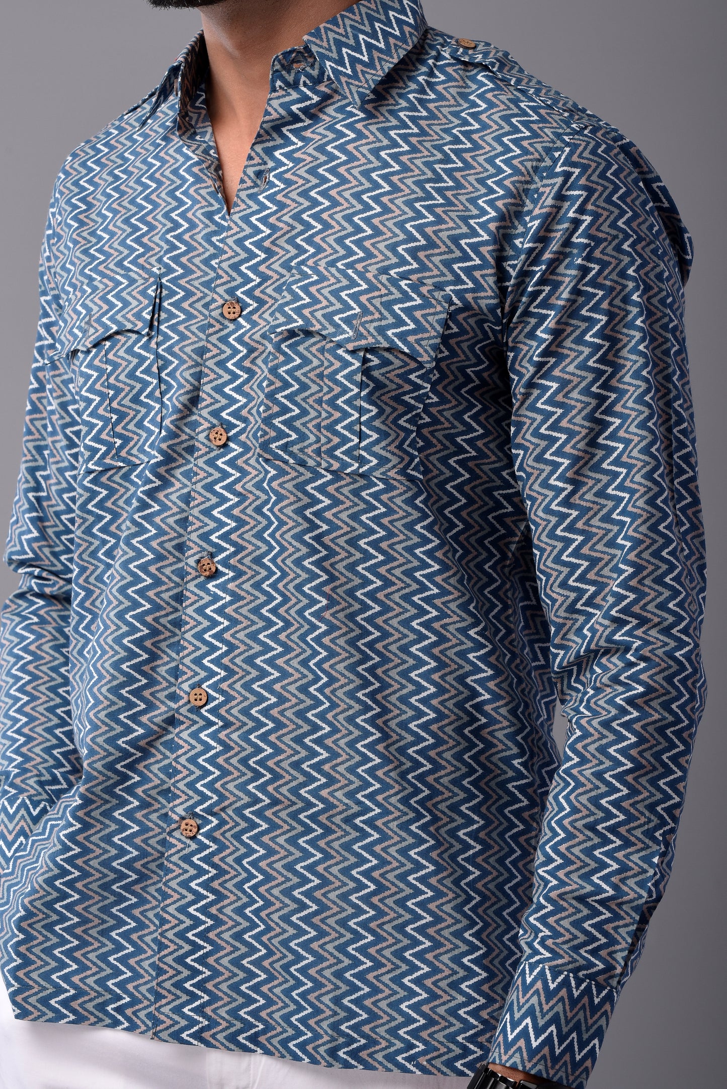Sanganeri Steel Blue Hunting Styled Printed Shirt