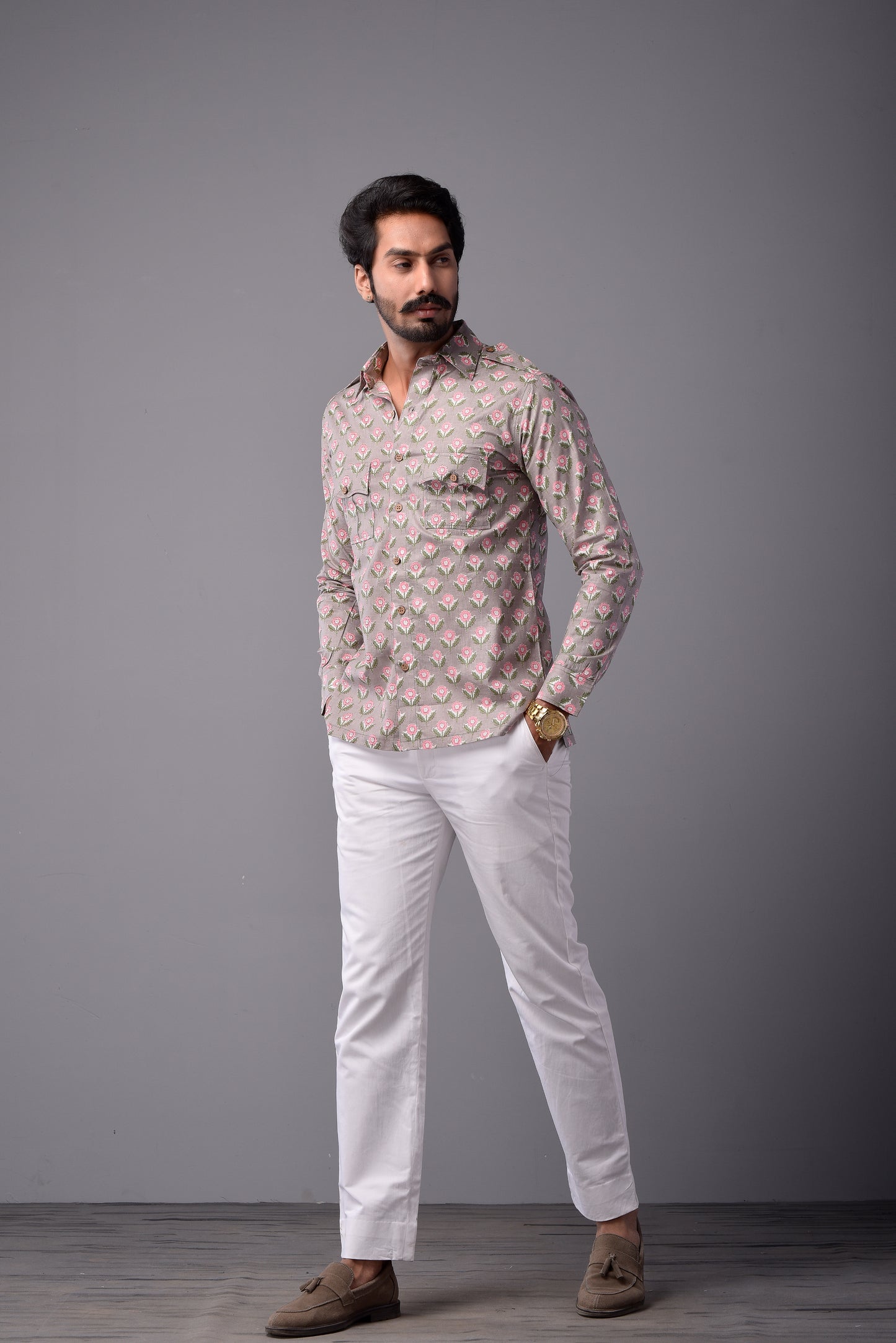 Sanganeri Thunder Grey Hunting Styled Printed Shirt