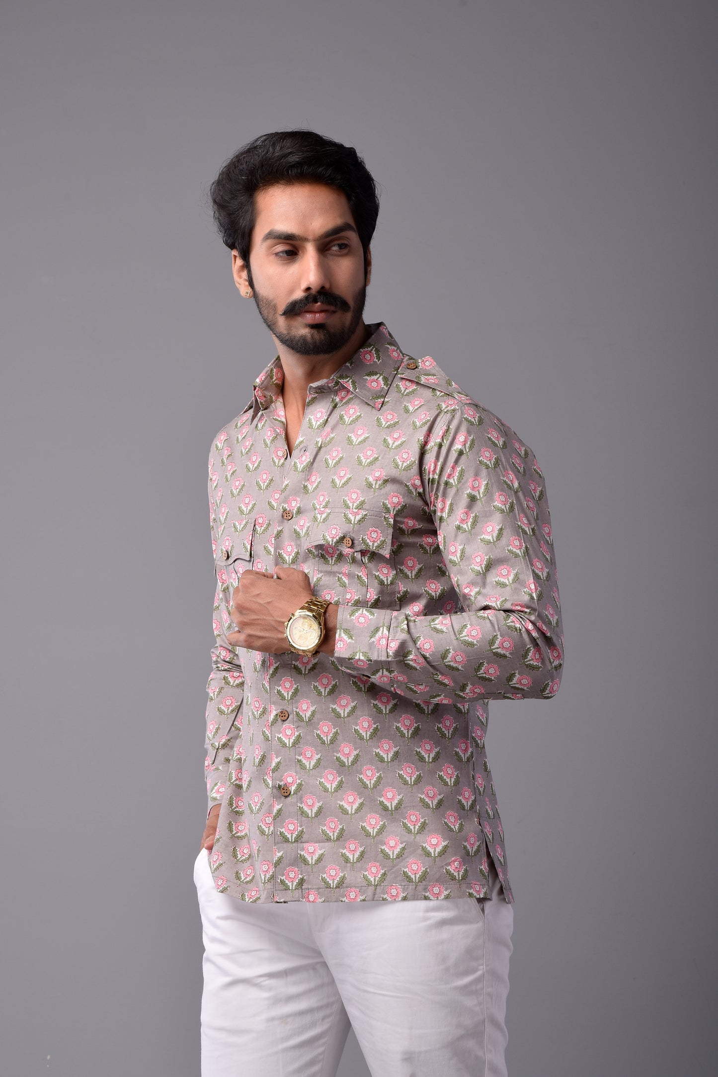 Sanganeri Thunder Grey Hunting Styled Printed Shirt