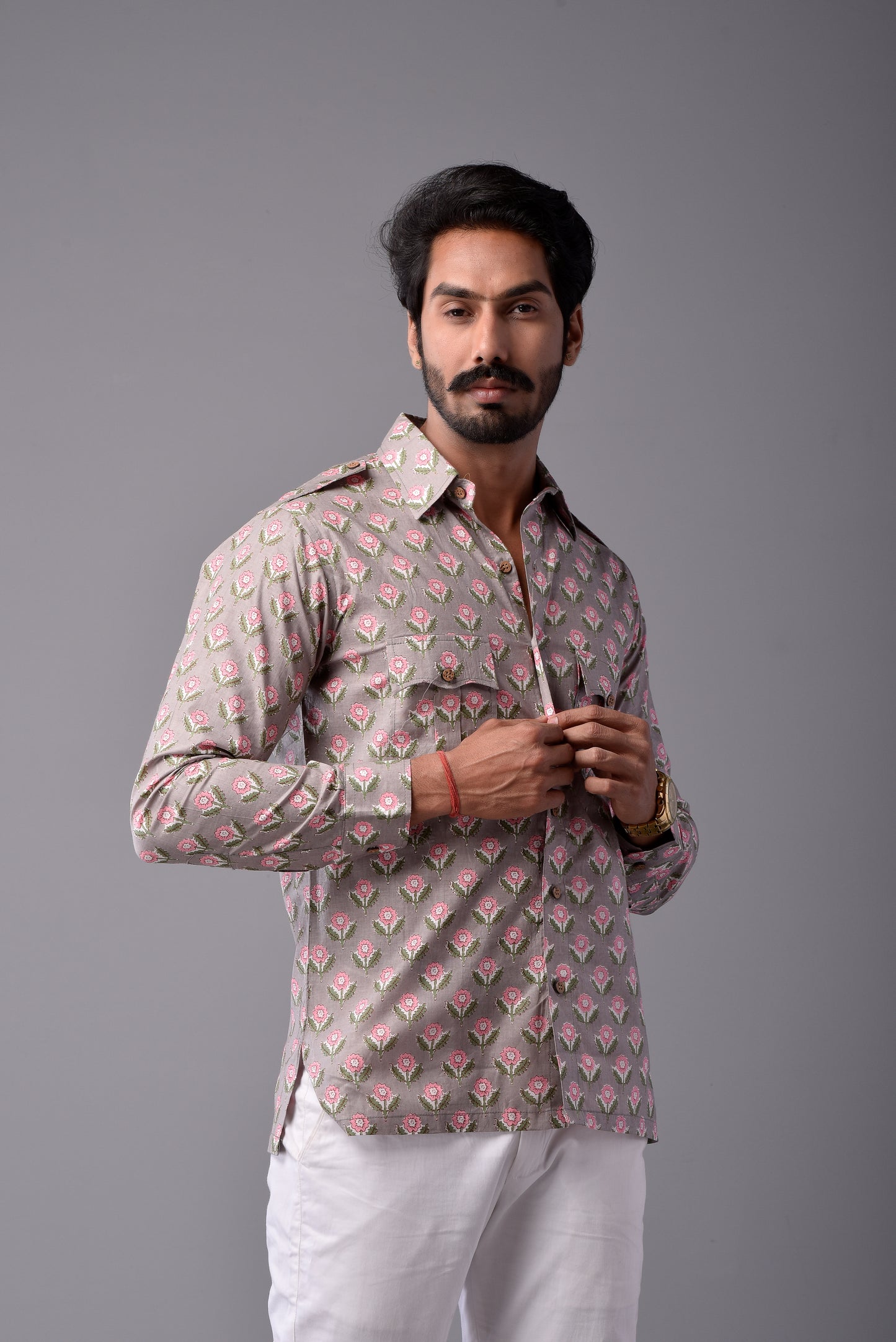 Sanganeri Thunder Grey Hunting Styled Printed Shirt