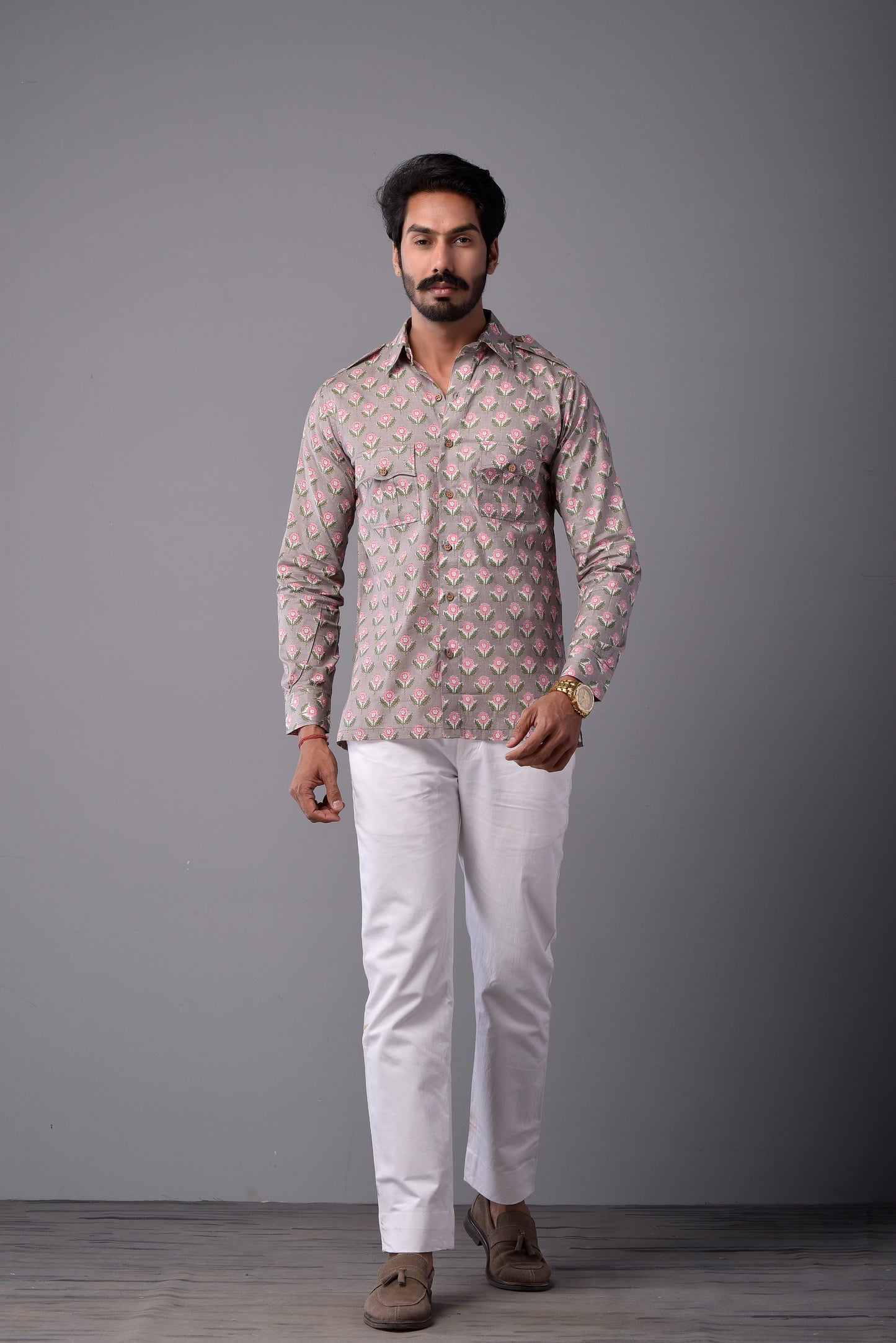 Sanganeri Thunder Grey Hunting Styled Printed Shirt