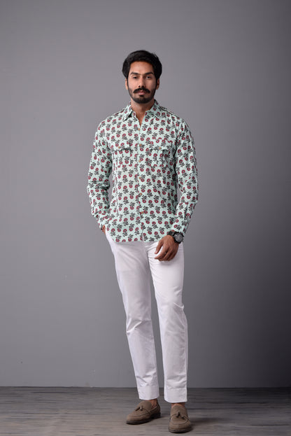 Sanganeri Light Green Hunting Styled Printed Shirt