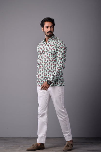 Sanganeri Light Green Hunting Styled Printed Shirt