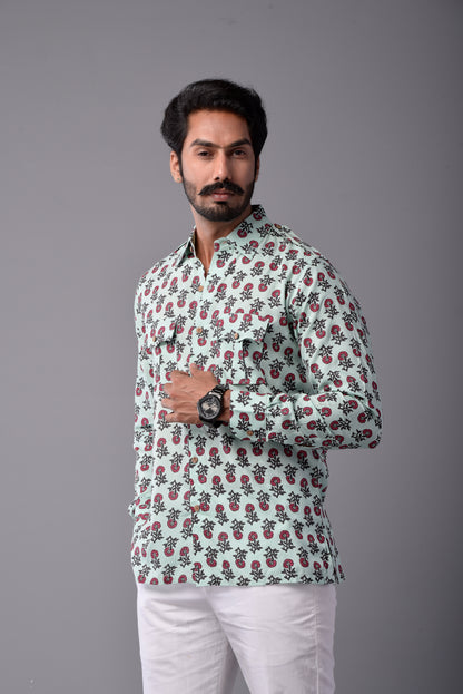 Sanganeri Light Green Hunting Styled Printed Shirt