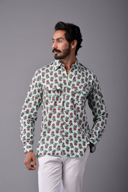 Sanganeri Light Green Hunting Styled Printed Shirt