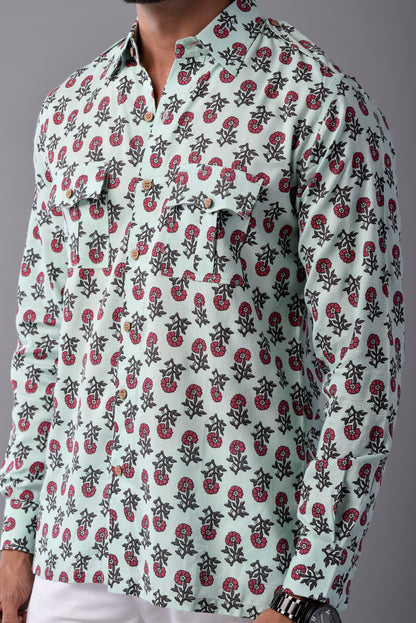 Sanganeri Light Green Hunting Styled Printed Shirt