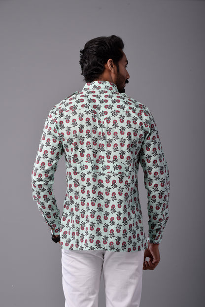 Sanganeri Light Green Hunting Styled Printed Shirt