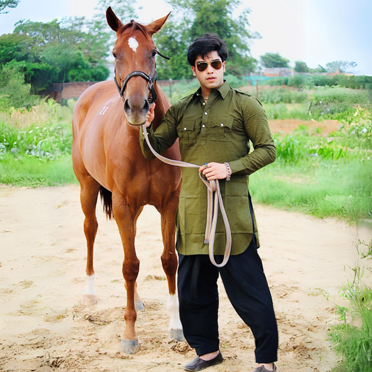 Rajputana Hunting styled Green Kurta with Black Pathani Salwar |Perfect for Festive wear, Functional wear, Casual wear| Pooja, Raksha Bandhan, Diwali|