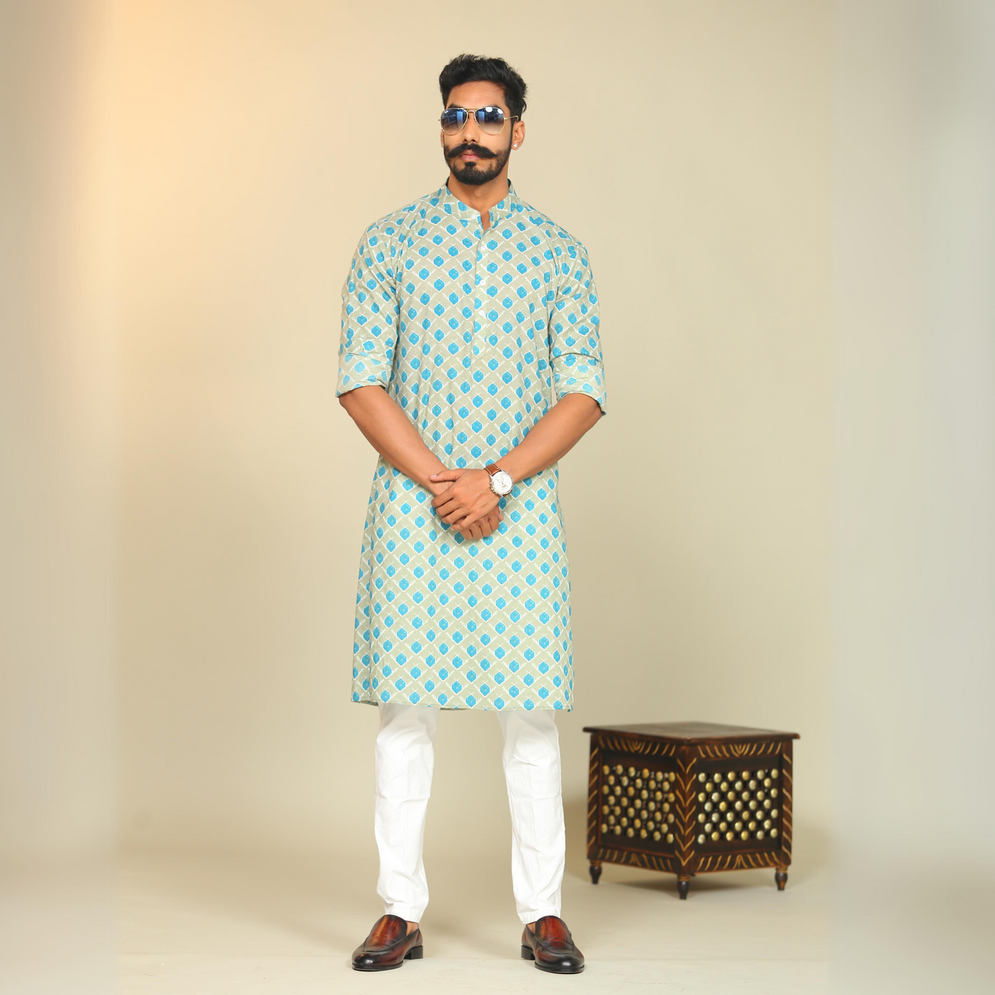 Cotton Sanganeri Booti Printed Olive Green Kurta Pajama