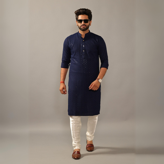 Handmade Navy Blue Chikankaari Embroidered Kurta Pajama Set