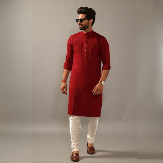 Handmade Ruby Red Chikankaari Embroidered Kurta Pajama Set