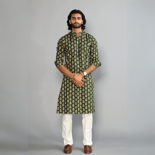 Juniper Green Block Print Sanganeri Kurta With White Pyjama